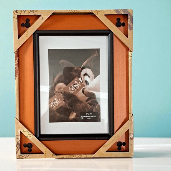 Disney World PARKS Mickey Mouse Picture Frame 5”x 7” Beveled Wood 4 Corner Ears - Picture 1 of 7